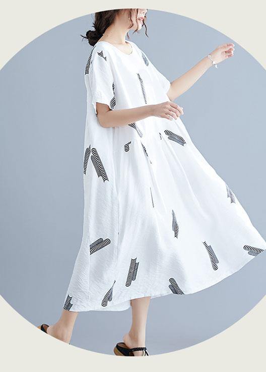 Natural Cinched cotton Long Shirts Wardrobes white prints Dress summer - SooLinen