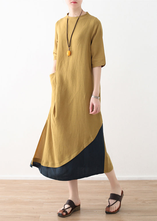 Natural yellow cotton linen quilting dresses Casual design side open daily summer Dresses