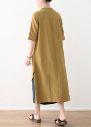 Natural yellow cotton linen quilting dresses Casual design side open daily summer Dresses