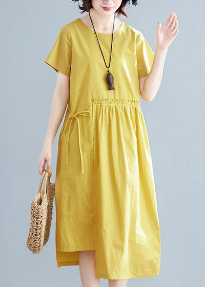 2021 Natural yellow linen cotton Robes o neck drawstring Maxi summer Dresses - SooLinen