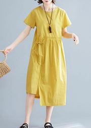 Natural yellow linen cotton Robes o neck drawstring Maxi summer Dresses - SooLinen