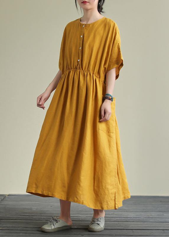 Natural yellow linen outfit o neck elastic waist linen robes summer Dresses - SooLinen
