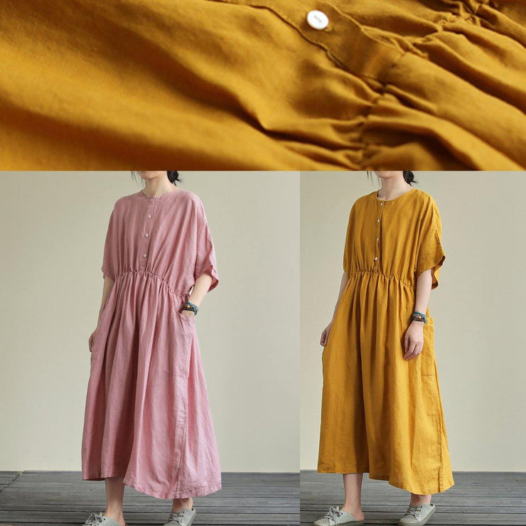 Natural yellow linen outfit o neck elastic waist linen robes summer Dresses - SooLinen