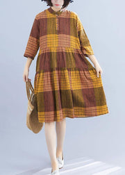 Natural yellow plaid linen clothes For Women stand collar Maxi summer Dresses - SooLinen