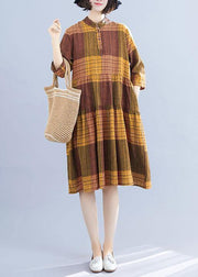 Natural yellow plaid linen clothes For Women stand collar Maxi summer Dresses - SooLinen
