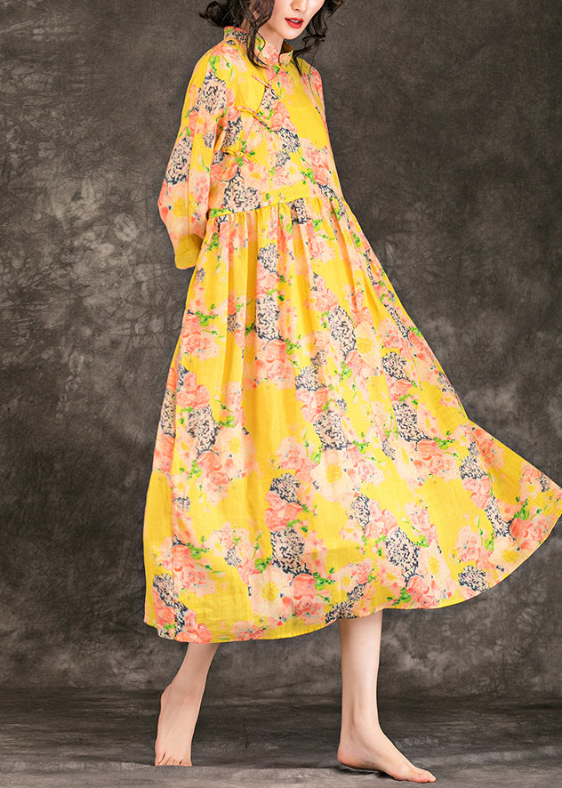 Natural yellow print linen outfit stylish Outfits stand collar patchwork Maxi Summer Dresses