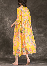 Natural yellow print linen outfit stylish Outfits stand collar patchwork Maxi Summer Dresses