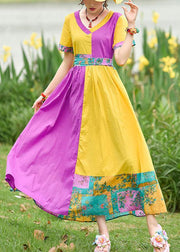 Natural yellow purple print cotton Tunics v neck patchwork Maxi summer Dress - SooLinen