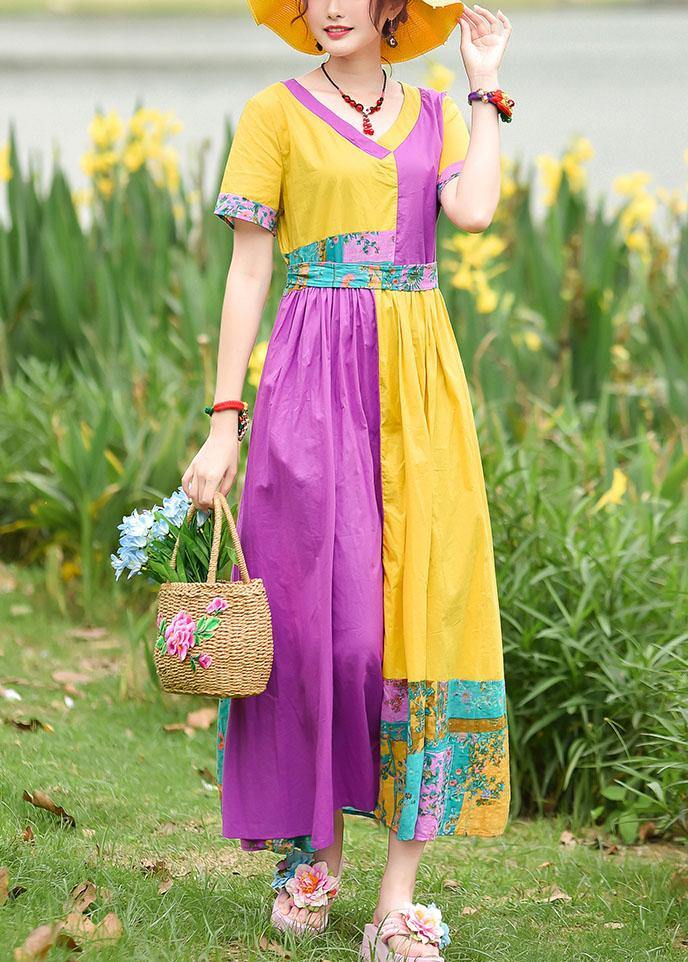 Natural yellow purple print cotton Tunics v neck patchwork Maxi summer Dress - SooLinen