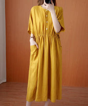 Natural yellow tunics for women o neck Cinched Dresses summer Dress - SooLinen