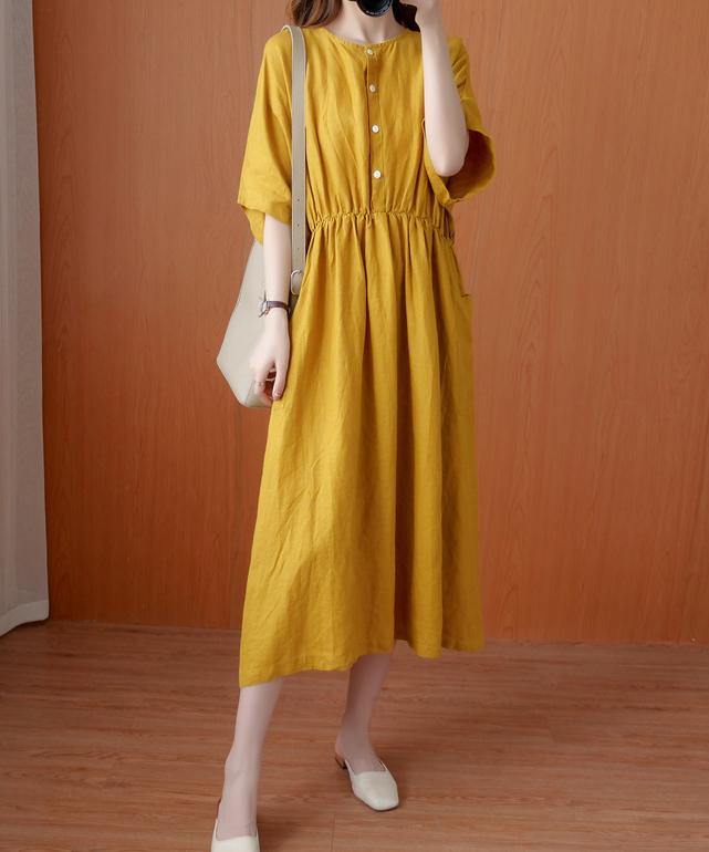 Natural yellow tunics for women o neck Cinched Dresses summer Dress - SooLinen