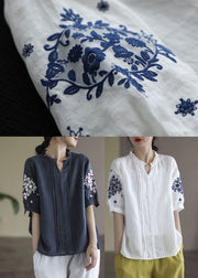 Navy Baggy Linen Blouses Wrinkled Embroidered Short Sleeve
