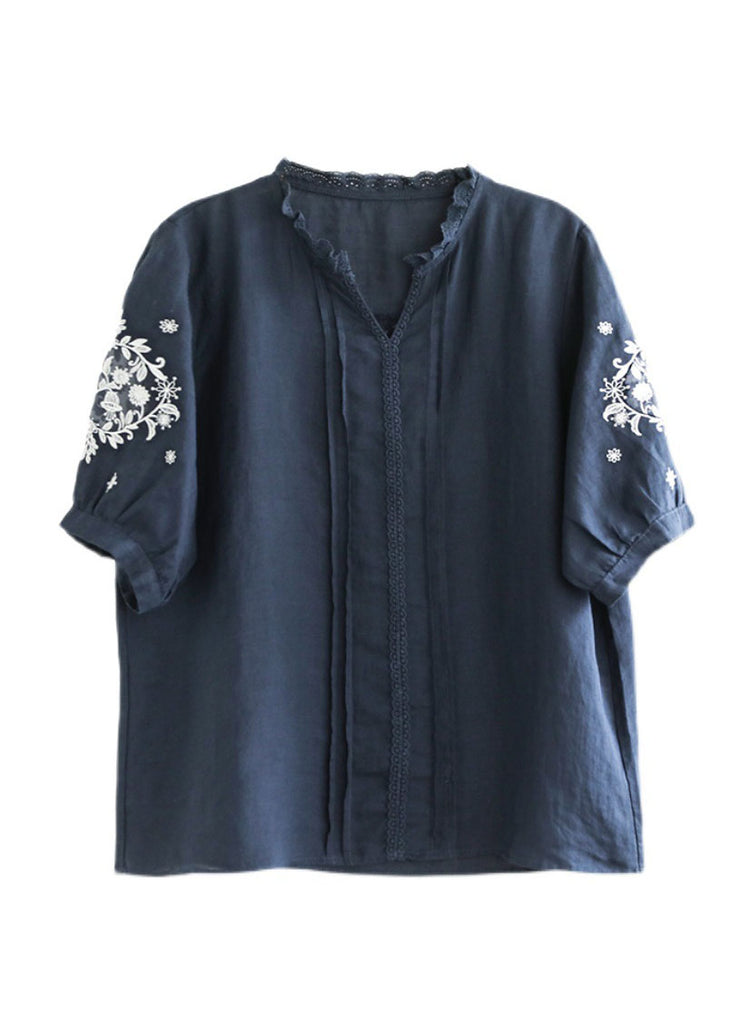 Navy Baggy Linen Blouses Wrinkled Embroidered Short Sleeve
