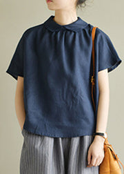Navy Blue Cozy Solid Linen Shirt Short Sleeve