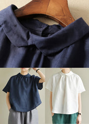 Navy Blue Cozy Solid Linen Shirt Short Sleeve