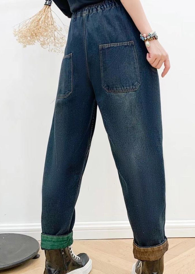 Navy Blue Elastic Waist Crop Harem Jeans