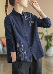 Navy Blue Embroidered Floral Cotton Shirt Spring