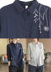 Navy Blue Embroidered Floral Cotton Shirt Spring