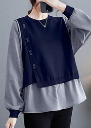 Navy Button Fake Two Pieces Top Long Sleeve
