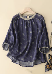 Navy Button Patchwork Cotton Tops O Neck Spring