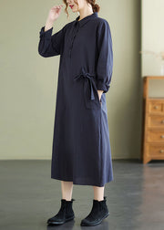 Navy Button Pockets Cotton Long Dresses Spring