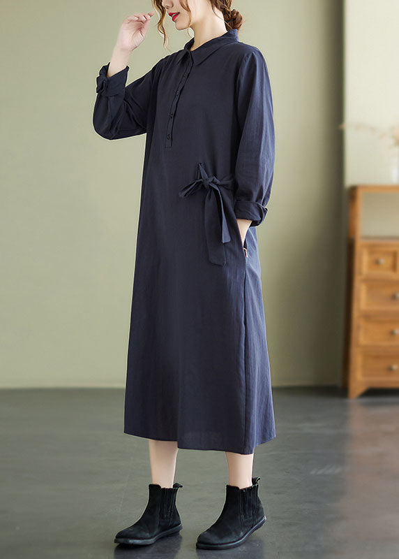 Navy Button Pockets Cotton Long Dresses Spring