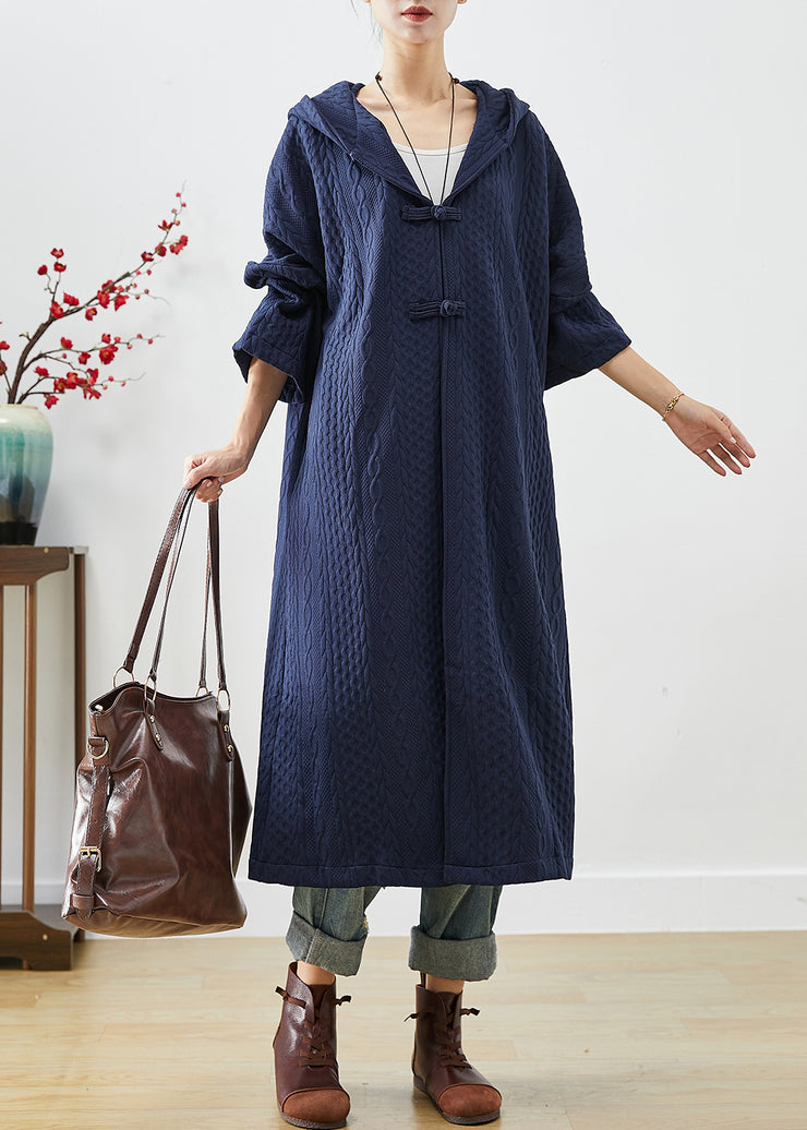 Navy Cotton Trench Coat Oversized Chinese Button Fall