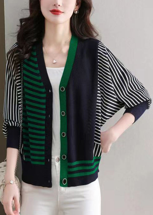 Navy Cozy Patchwork Knit Cardigans Striped Long Sleeve