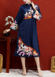 Navy Embroidered Button Side Open Silk Maxi Dress Long Sleeve