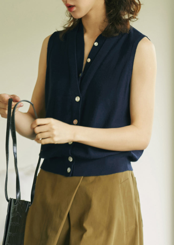 Navy Fake Two Pieces Knit Woolen Tops Sleeveless
