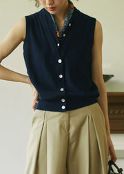 Navy Fake Two Pieces Knit Woolen Tops Sleeveless