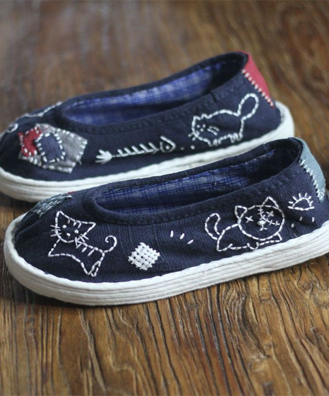 Navy Flat Feet Shoes Cotton Fabric Comfortable Splicing Cartoon Embroidery