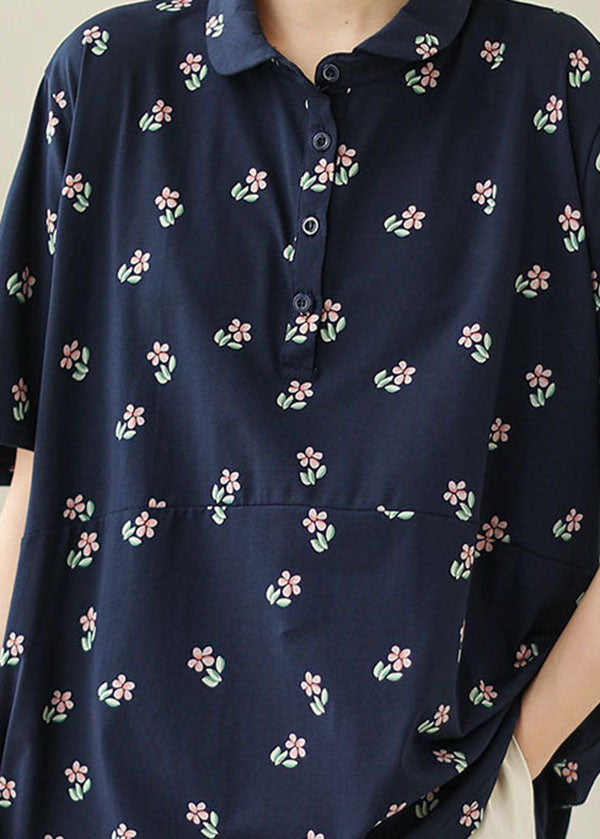 Navy Floral Patchwork Cotton T Shirt Peter Pan Collar Summer