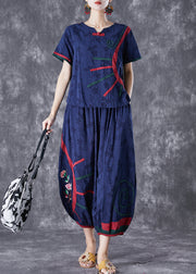 Navy Jacquard Cotton Two Piece Set Outfits Embroidered Summer