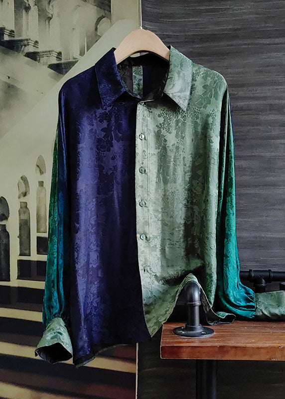 Navy Jacquard Patchwork Silk Shirt Peter Pan Collar Long Sleeve