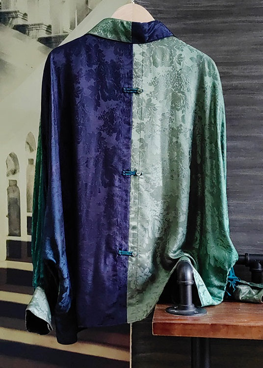 Navy Jacquard Patchwork Silk Shirt Peter Pan Collar Long Sleeve