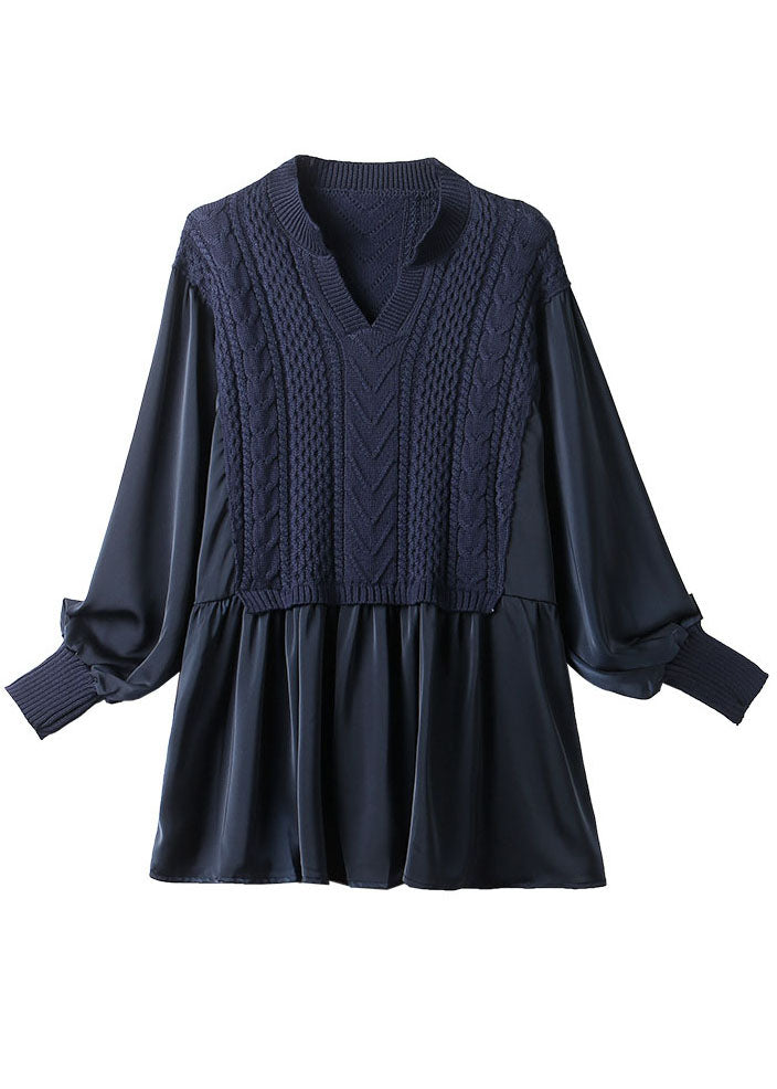 Navy Knit Blouses Puff Sleeve Winter Top