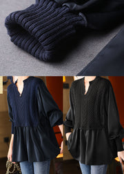 Navy Knit Blouses Puff Sleeve Winter Top