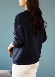 Navy Lace Patchwork Cotton Sweatshirt O Neck Long Sleeve