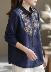 Navy Linen Shirt Top Turn-down Collar Embroidered Spring
