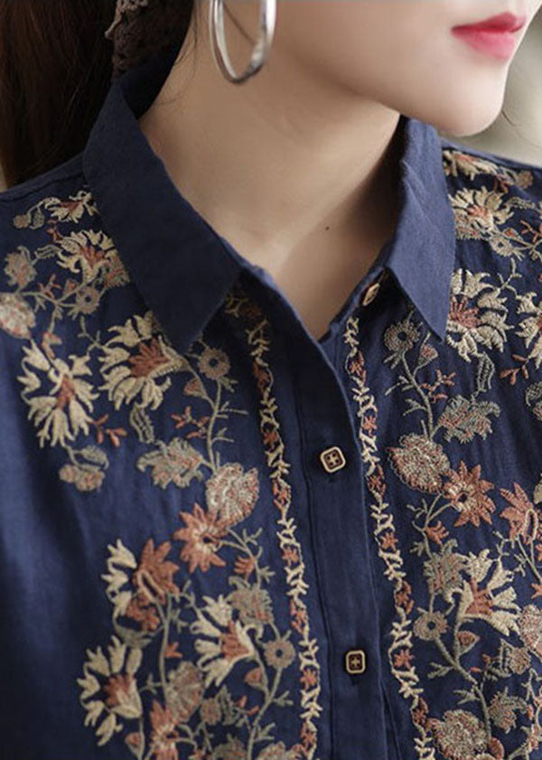 Navy Linen Shirt Top Turn-down Collar Embroidered Spring