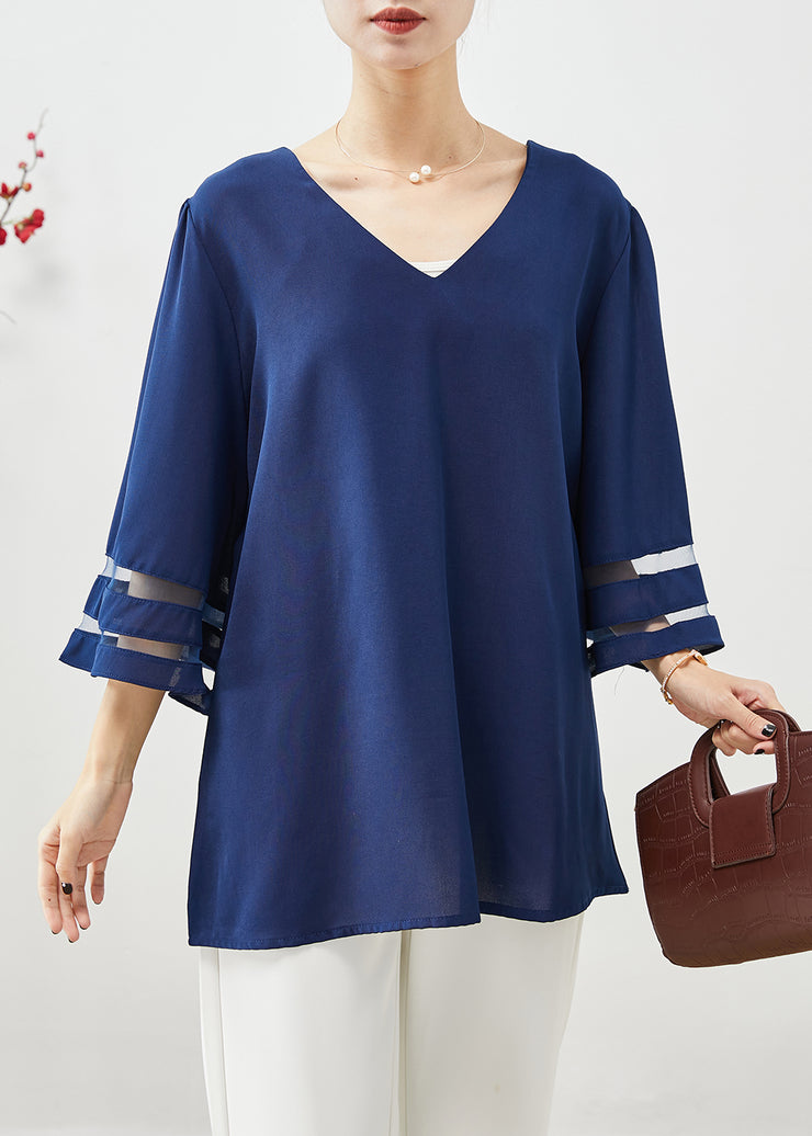 Navy Loose Chiffon Shirt Tops V Neck Hollow Out Flare Sleeve