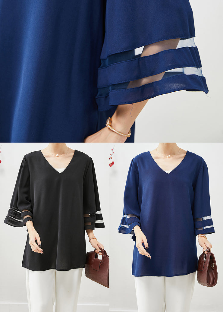 Navy Loose Chiffon Shirt Tops V Neck Hollow Out Flare Sleeve
