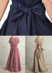 Navy Patchwork Cotton Long Dresses V Neck Wrinkled Summer
