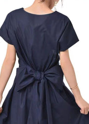 Navy Patchwork Cotton Long Dresses V Neck Wrinkled Summer