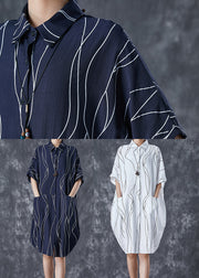 Navy Patchwork Cotton Shirt Dress Oversized Striped Summer