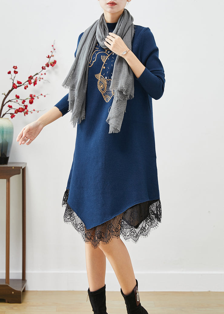 Navy Patchwork Lace Knitted Dress Asymmetrical Print Fall