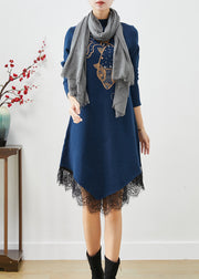 Navy Patchwork Lace Knitted Dress Asymmetrical Print Fall