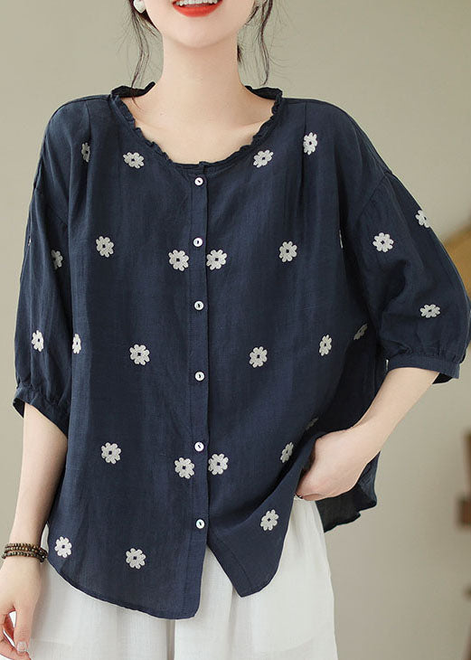 Navy Patchwork Linen Blouses Embroidered Ruffled Summer