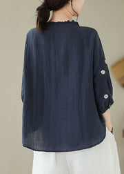 Navy Patchwork Linen Blouses Embroidered Ruffled Summer